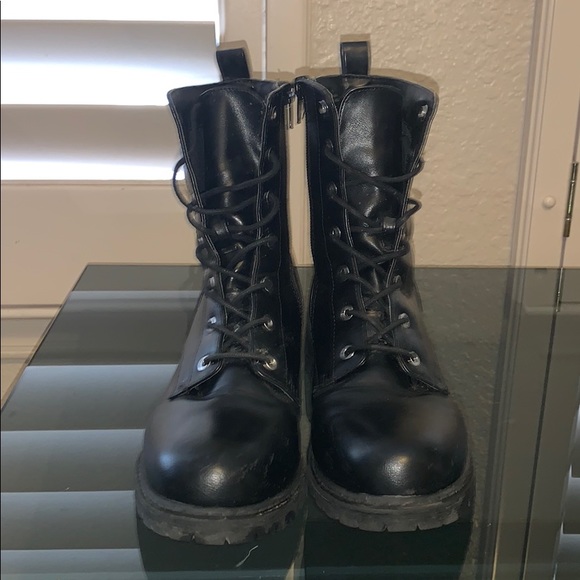 black faux leather combat boots